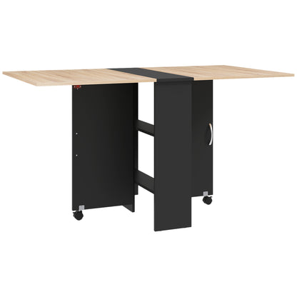 Toelka Wooden Oak And Black Ex10dable Drop Leaf Dining Table With Shelves And Castors