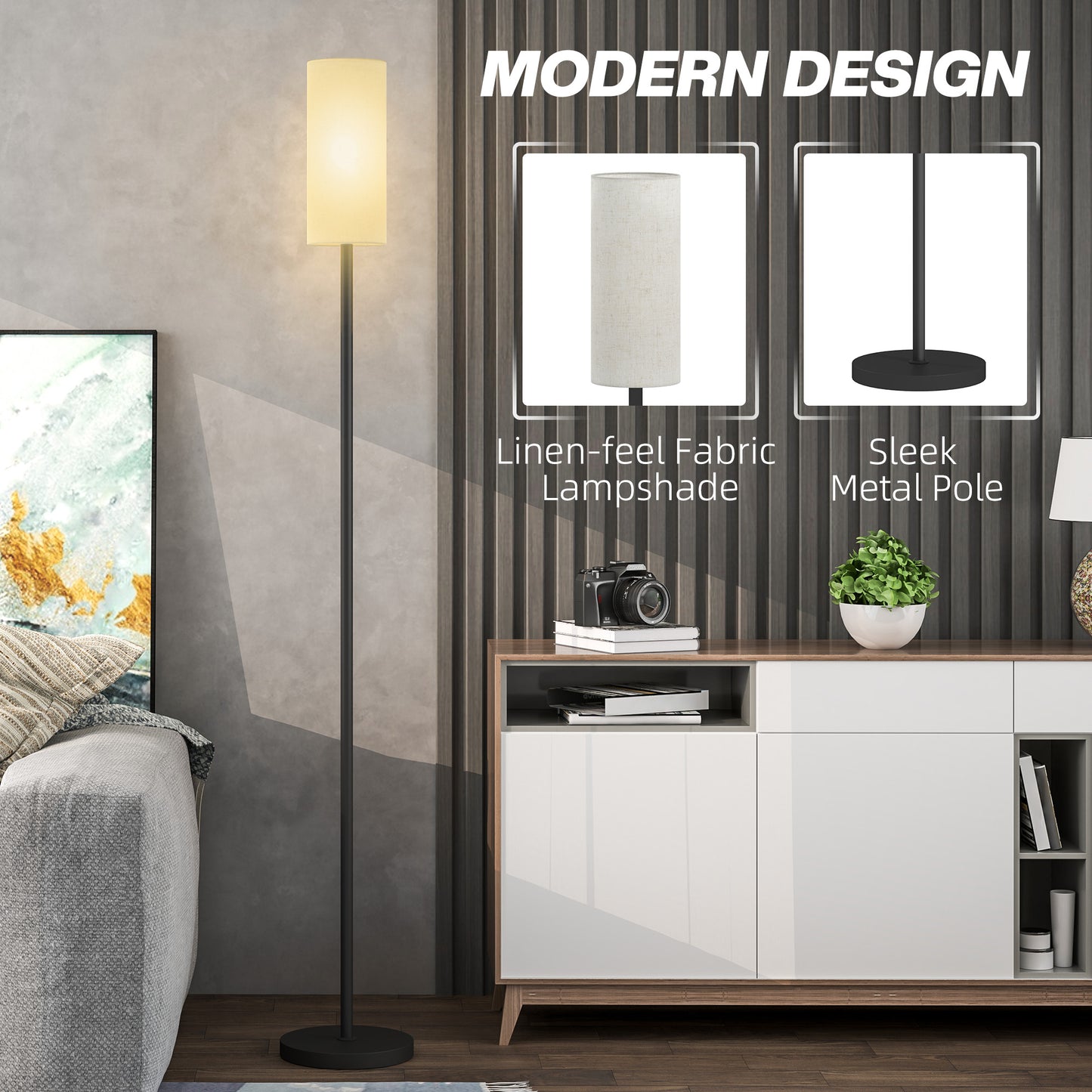 Pavi  Metal And Fabric White Minimalist Floor Lamp With Linen Shade And Foot Switch