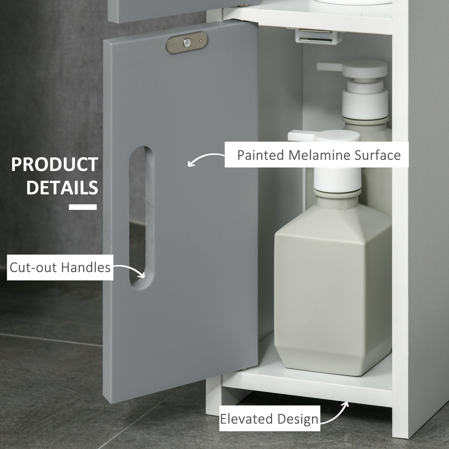 Dono Tall Freestanding Bathroom Storage Unit With OFauxn Shelves And Cupboards Grey