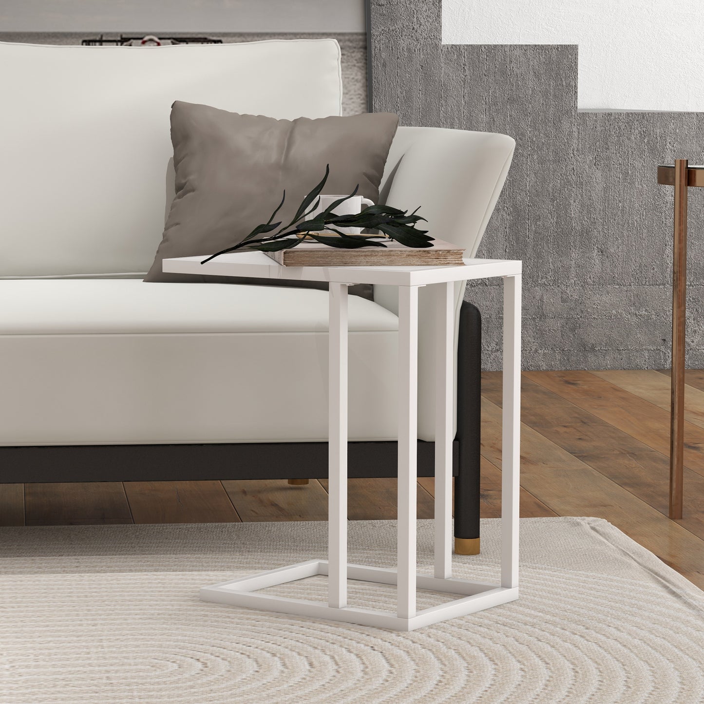 Nocoha Metal And Wooden White C Shaped Side Table