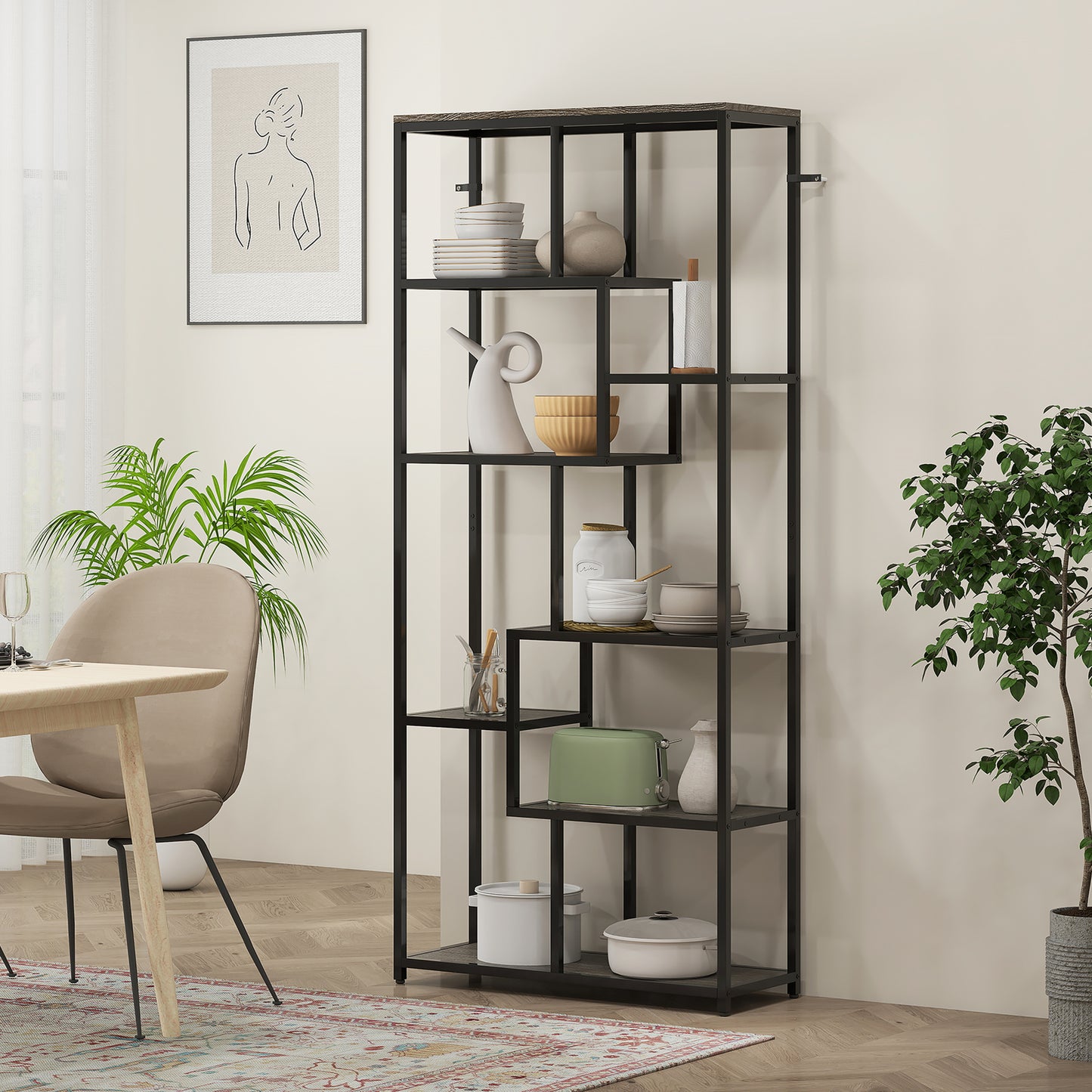 Sudina Metal And Wood Grey And Black 7 Tier Geometric Display Bookcase