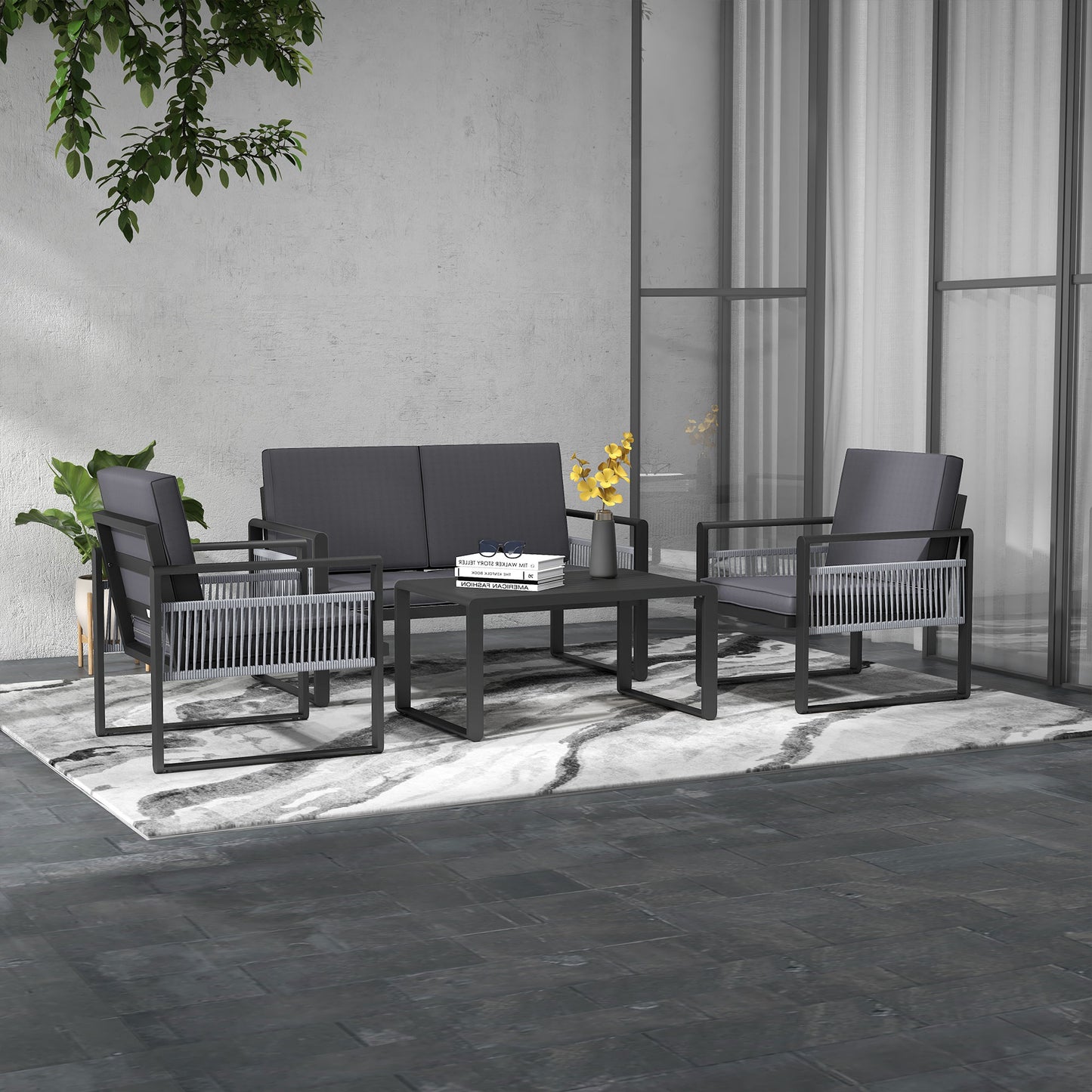 Yotono 4 Seater Grey Rattan Rope Garden Dining Set with Grey Cushions