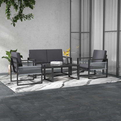 Yotono 4 Seater Grey Rattan Rope Garden Dining Set with Grey Cushions