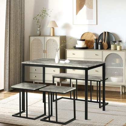 Suroso Metal And Wood Grey Concrete Effect Dining Table And Bench Set For 4