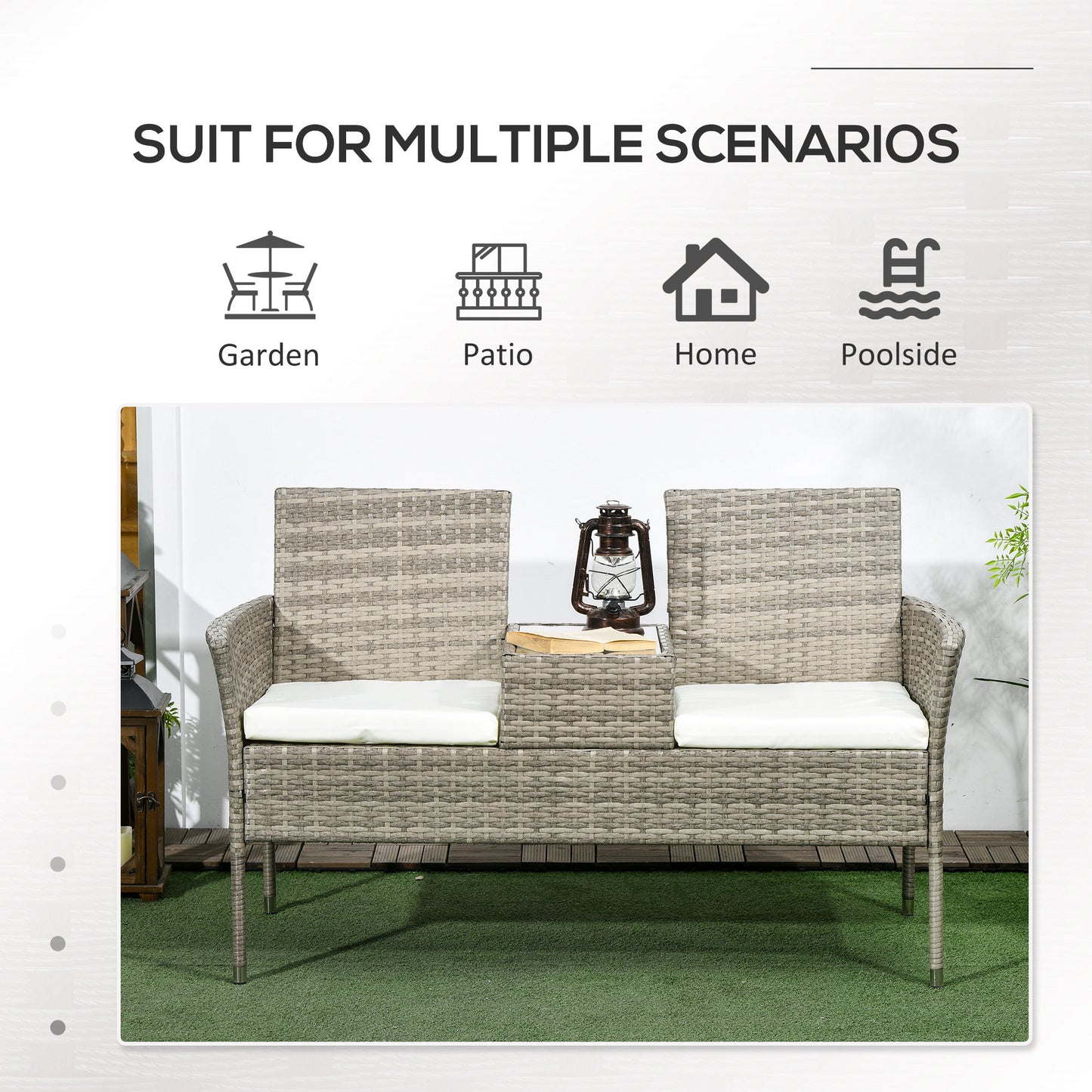 Hamoba Faux Rattan Grey 2 Seat Garden Chair With Integrated Centre Table