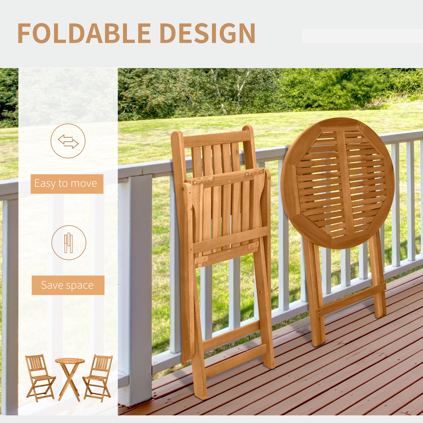 Lidoel 3 Piece Teak Folding Wooden Bistro Set With Table And Chairs