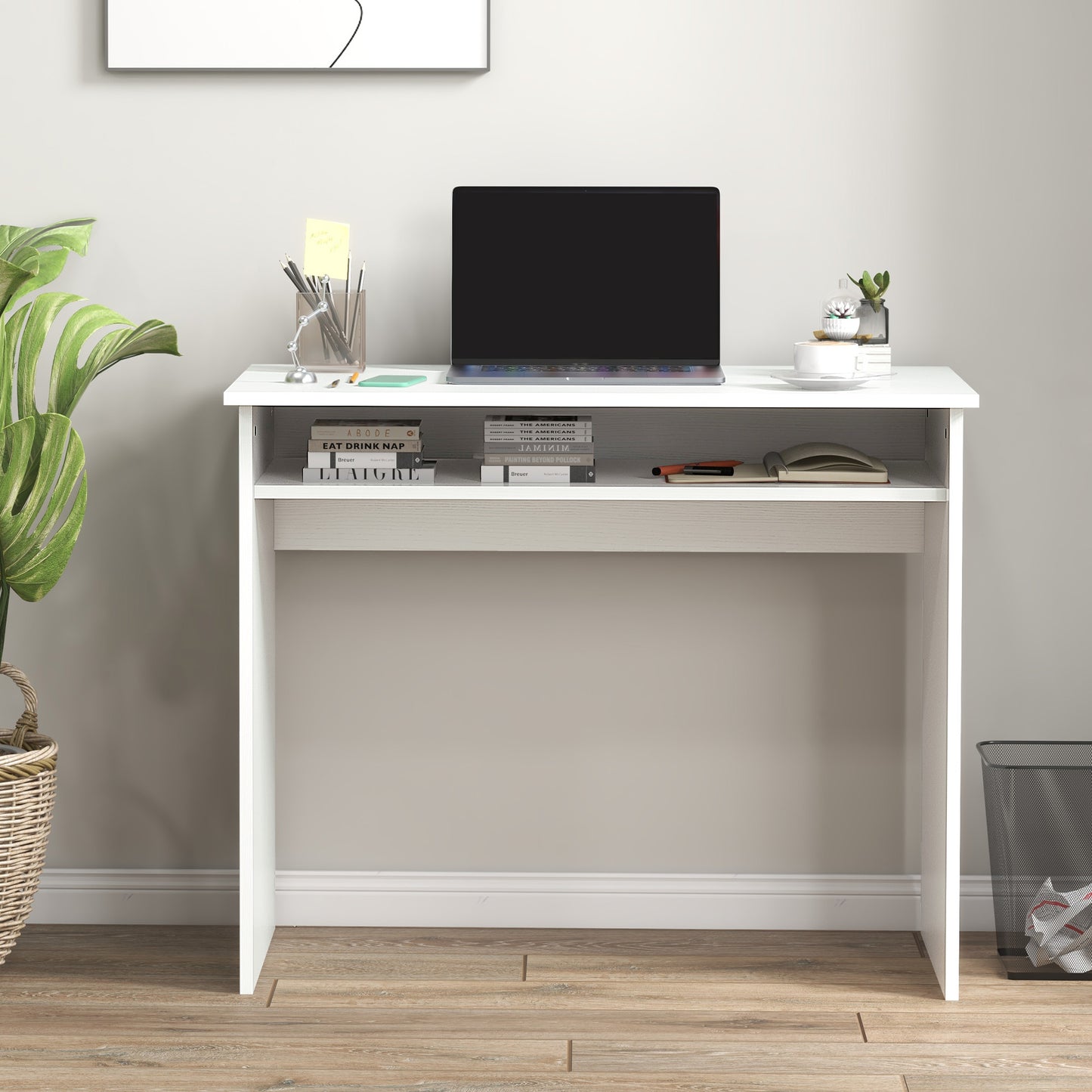 Doha 90cm Wooden White Wood Grain Compact Study Desk With Storage Shelf