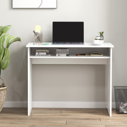Doha 90cm Wooden White Wood Grain Compact Study Desk With Storage Shelf