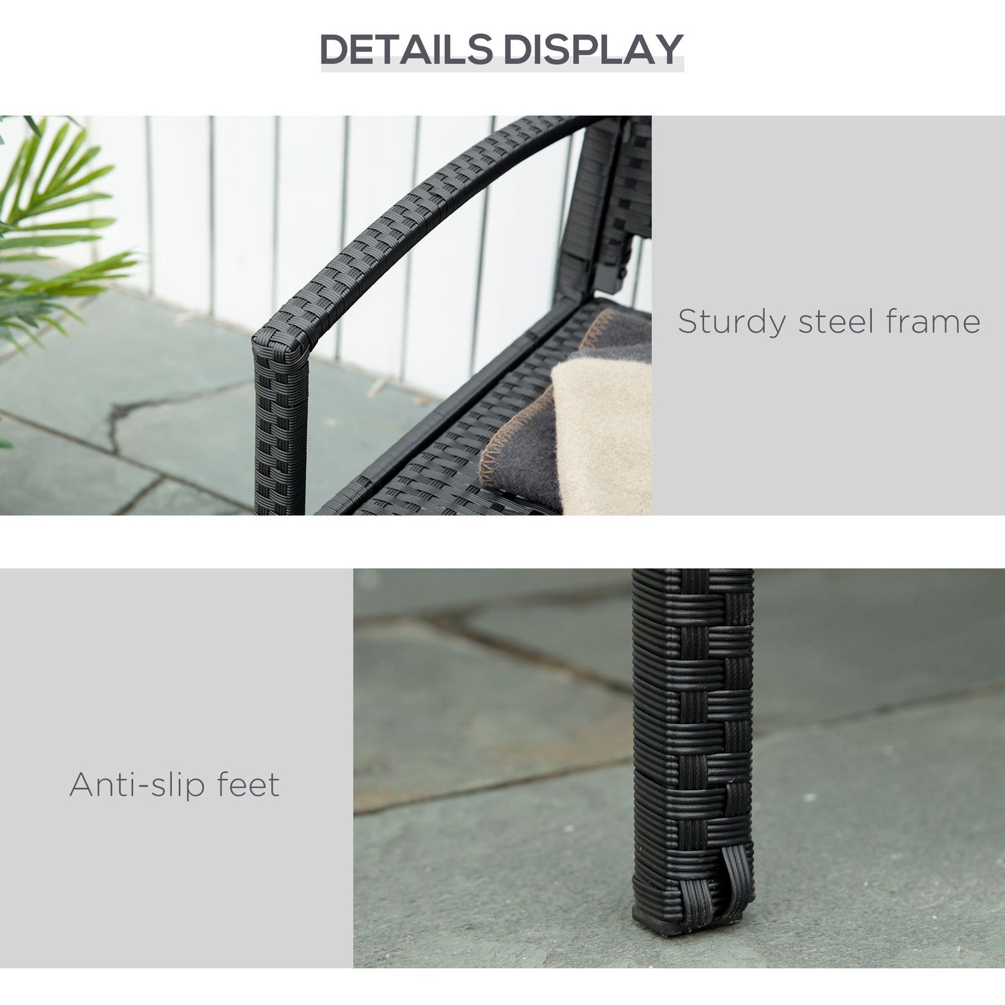 Vasu Rattan Black 2 Seater Outdoor Garden Bench With Armrests And Reinforced Backrest