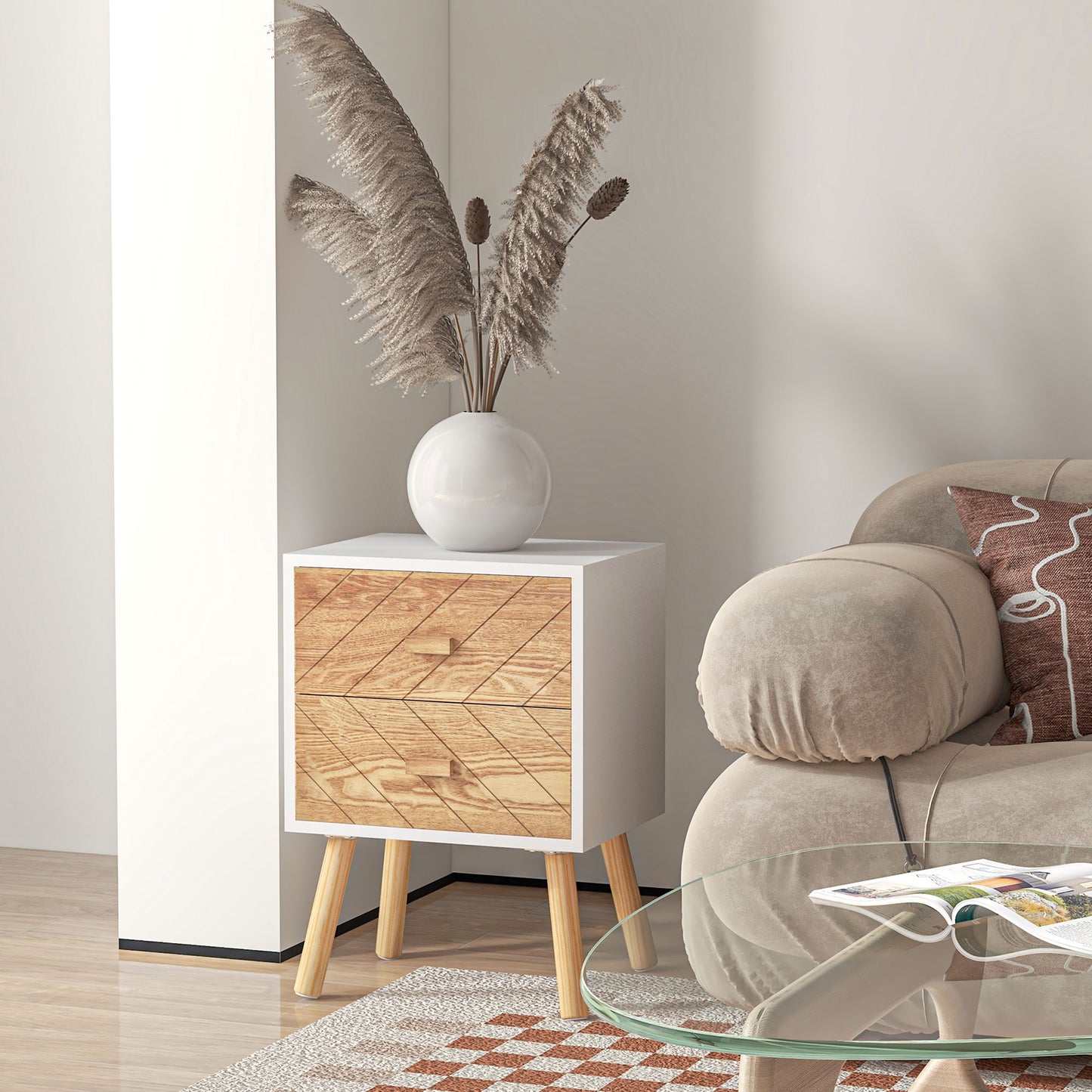 Hafane Set Of 2 White And Natural  Bedside Tables 2 Chevron Drawers