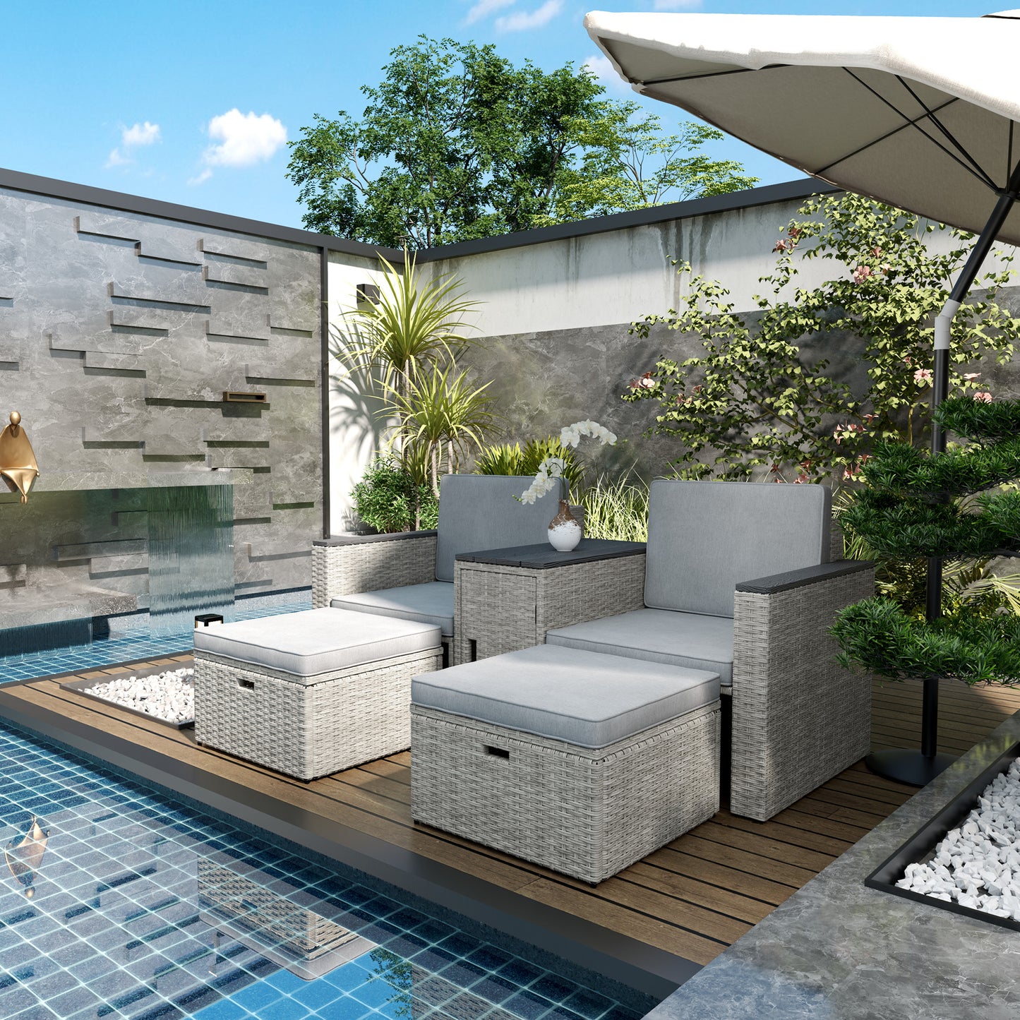 Naleni Grey Rattan  5 Piece Nesting Outdoor Bistro Set With Footstools Storage Coffee Table