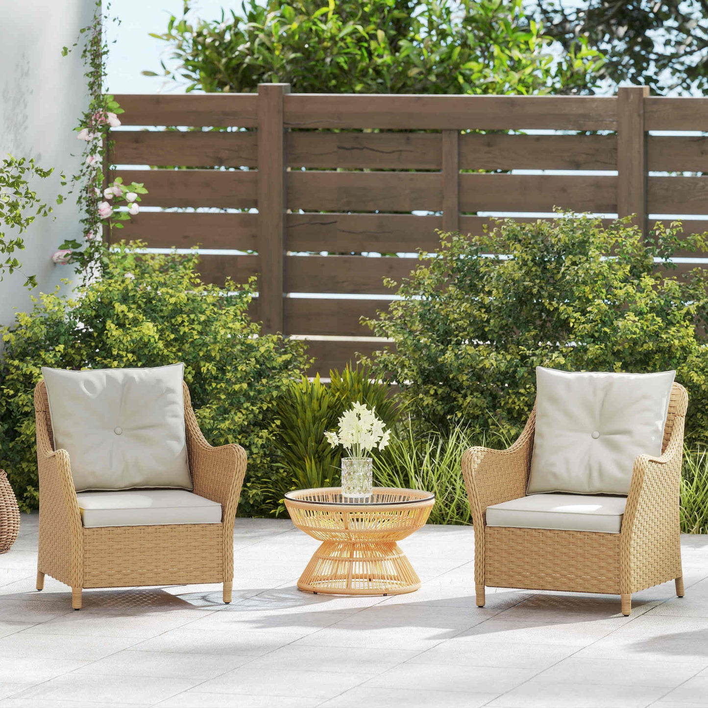 Rera Rattan Beige Set Of 2 Outdoor Armchairs With Cushions Armrests And High Back