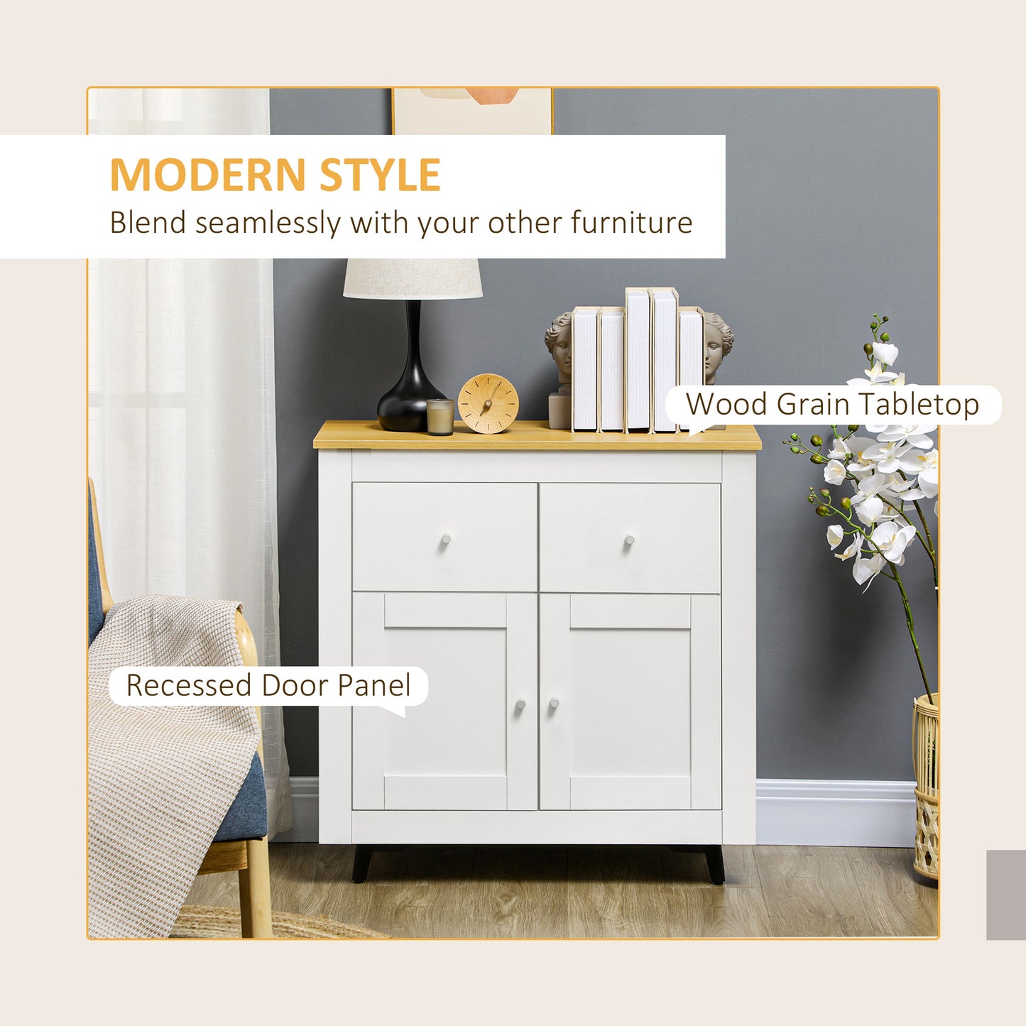 Dielro White and Natural Wooden Farmhouse Sideboard With Double Doors And 2 Storage Drawers