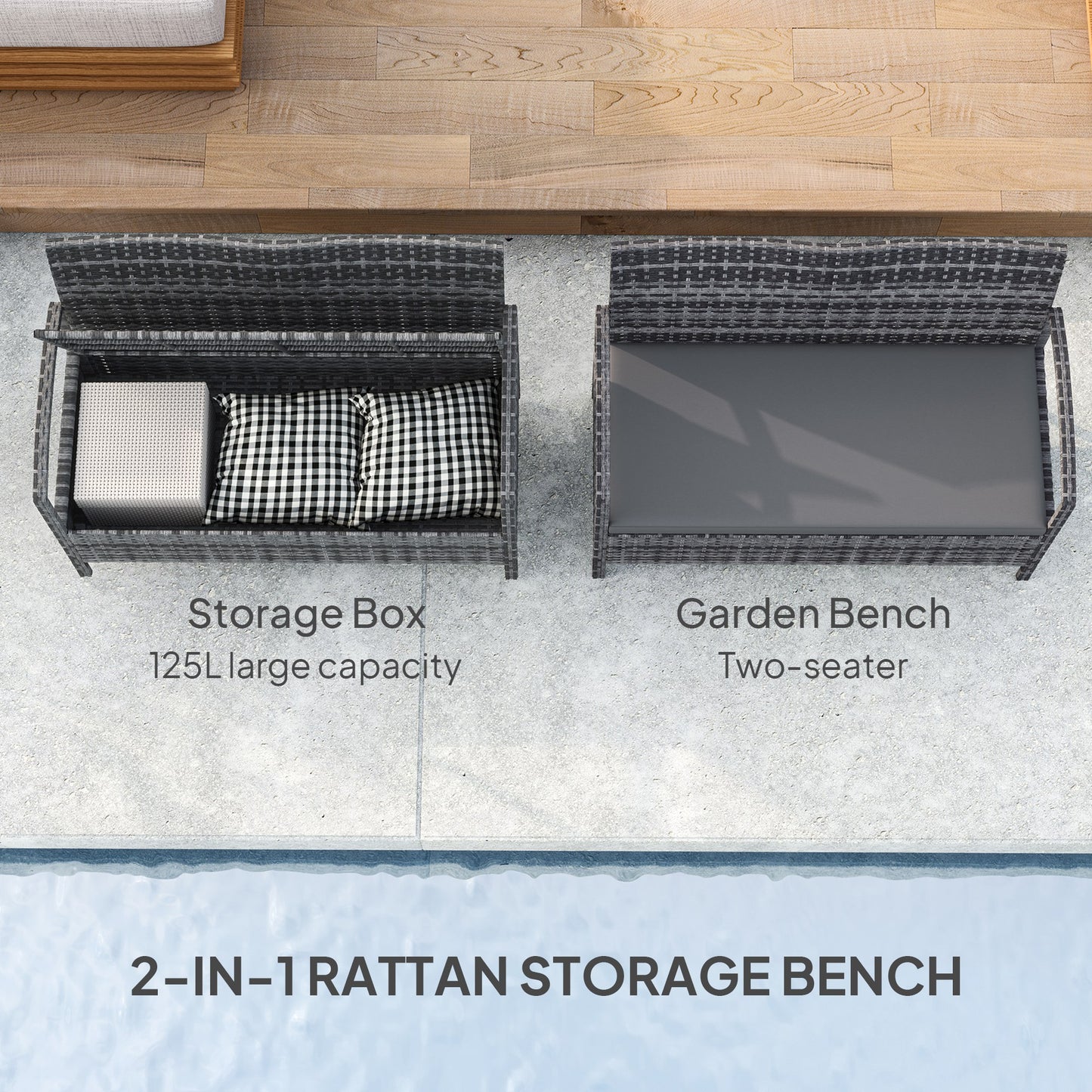 Rarette Rattan Grey Garden Storage Bench With Cushion 125L Capacity