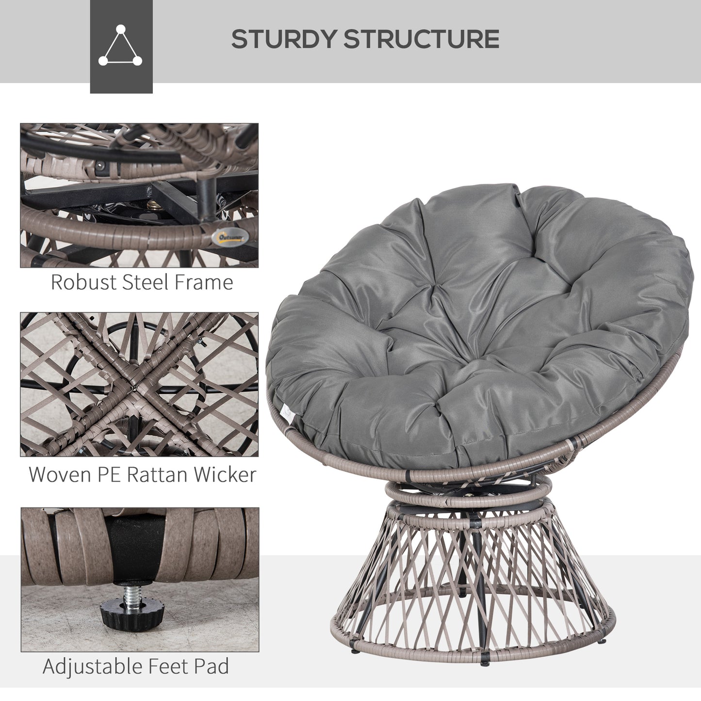 Rarare Grey Rattan Swivel Papasan Style Moon Chair With Oversized Cushion