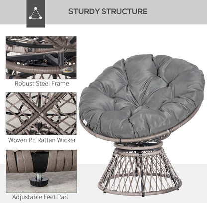 Rarare Grey Rattan Swivel Papasan Style Moon Chair With Oversized Cushion