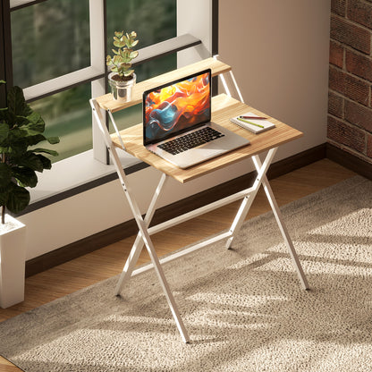 Veeldi 70cm Small Wooden Natural Folding Desk With Raised Monitor Shelf