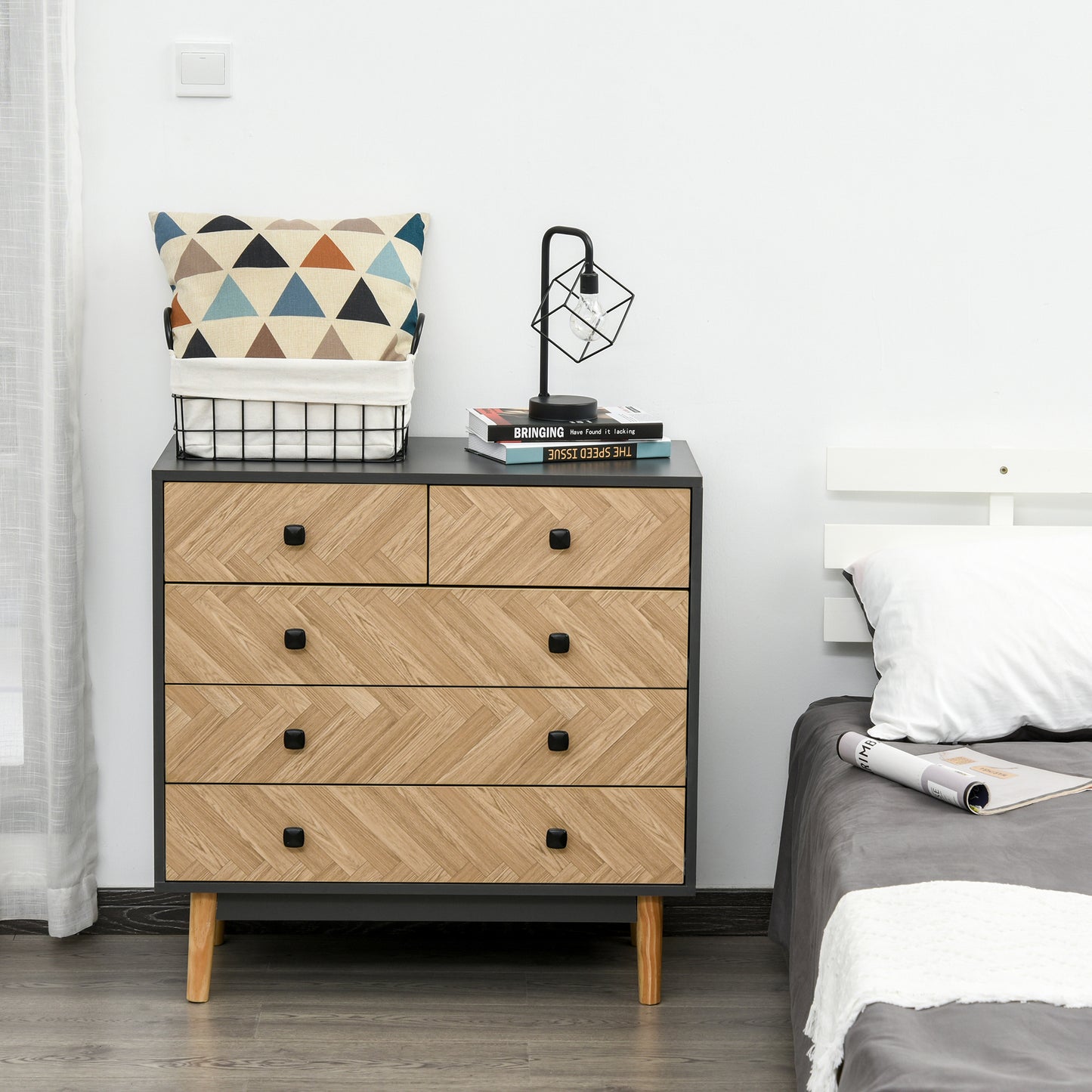 Lini Wooden Black and Natural Chevron 5 Drawer Dresser