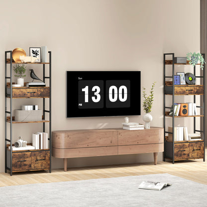 Cova Metal And Wood Brown And Black Industrial Bookcase With 4 Shelves And Fabric Drawers
