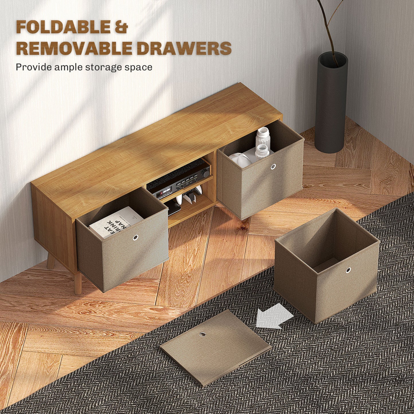 Linore 110cm Wooden Brown TV Storage Cabinet With Fabric Fold Down Drawers For Screens Up To 50 Inches