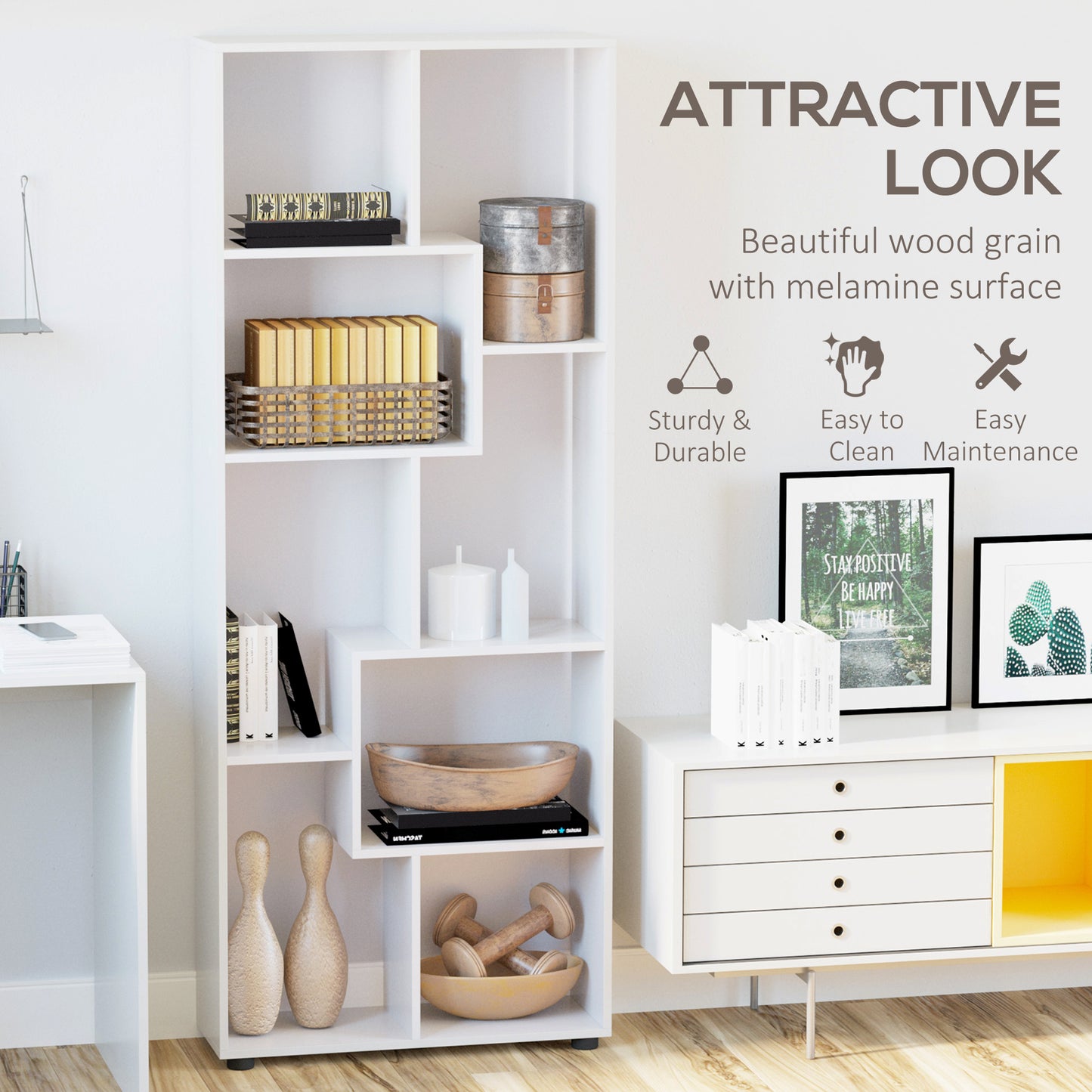 Lolesa Rovi Wood White Tall 8 Cube Bookcase Room Divider With Freestanding Shelving 70 x 24 x 178 cm