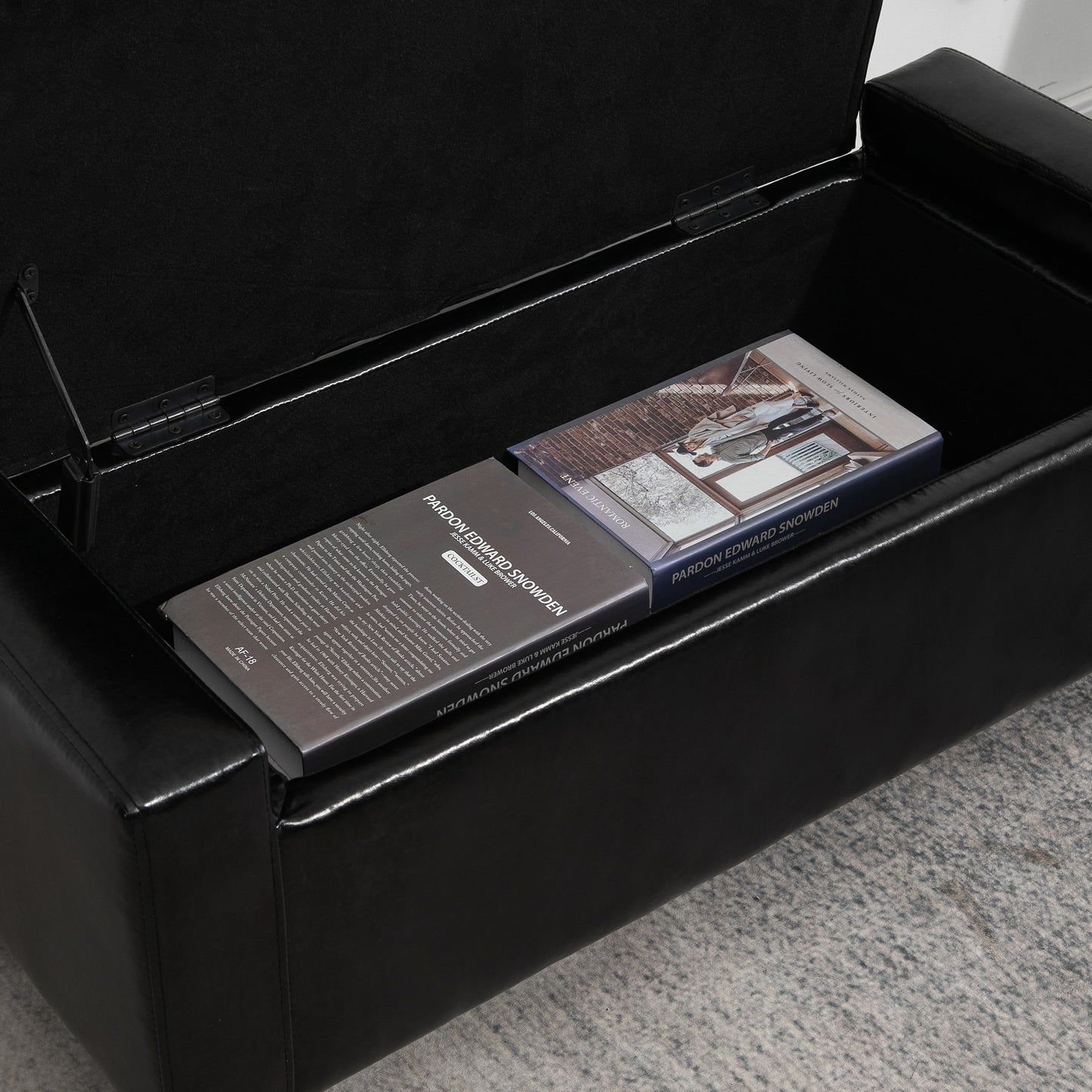 Sabata Faux Leather Black Storage Ottoman Bench With Lift Up Diamond Tufted Lid