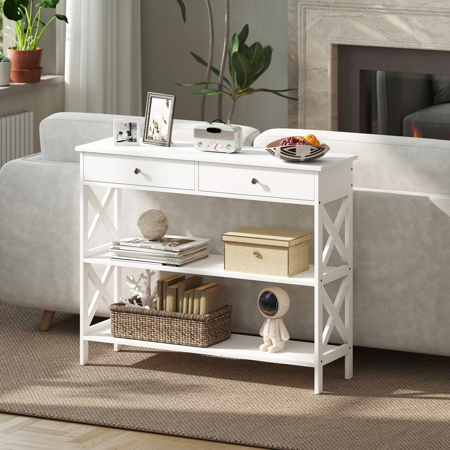 Ralupa 100cm Wooden White X Frame Console Table With Drawers And Open Shelving
