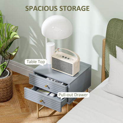 Lika Set Of 2 Grey And Gold Elegant Bedside Tables Ribbed Drawers