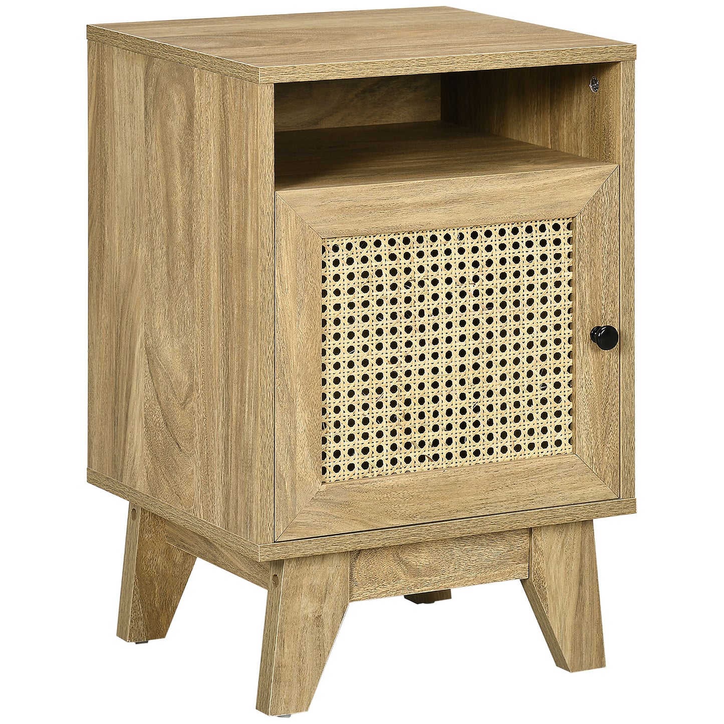 Vini Raba Natural Wood Bedside Table With Rattan Drawer and Door