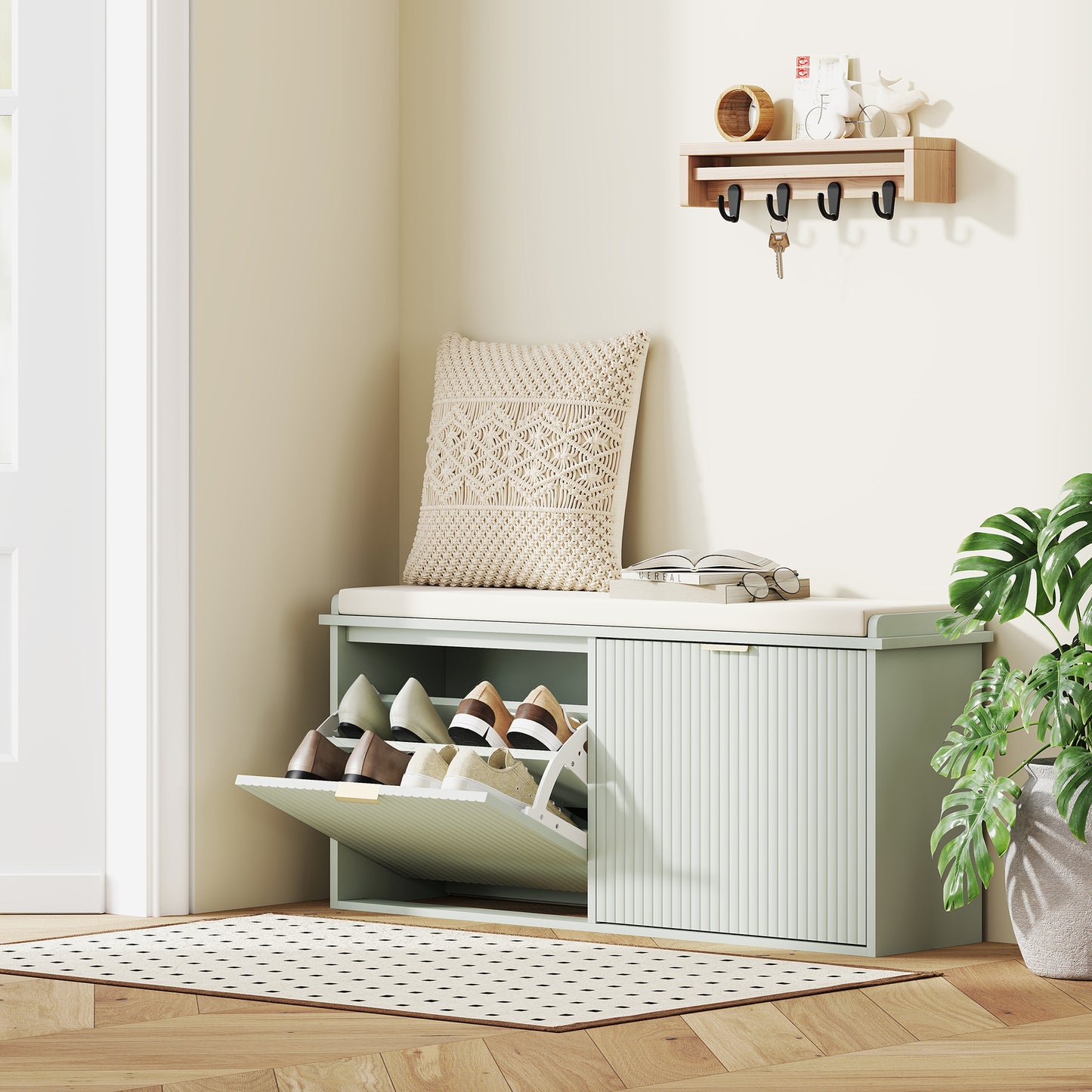 Reraha Mint Green Wooden 10 Pair Shoe Bench With Cushioned Top