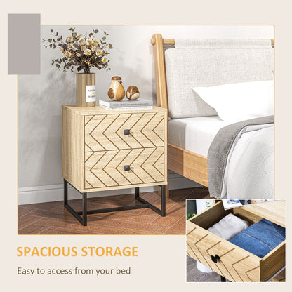 Nema Diso Natural Wood 2 Drawer Nightstand With Zig Zag Chevron Design Black Handles