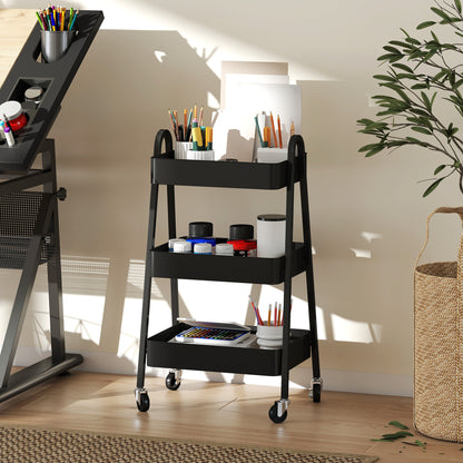 Fidovi Metal Black 3 Tier Storage Trolley With Wheels