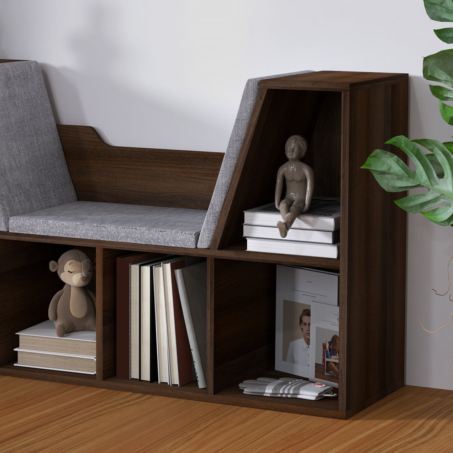 Elka Lado Wood Chestnut Cube Bookcase With Cushioned Reading Seat