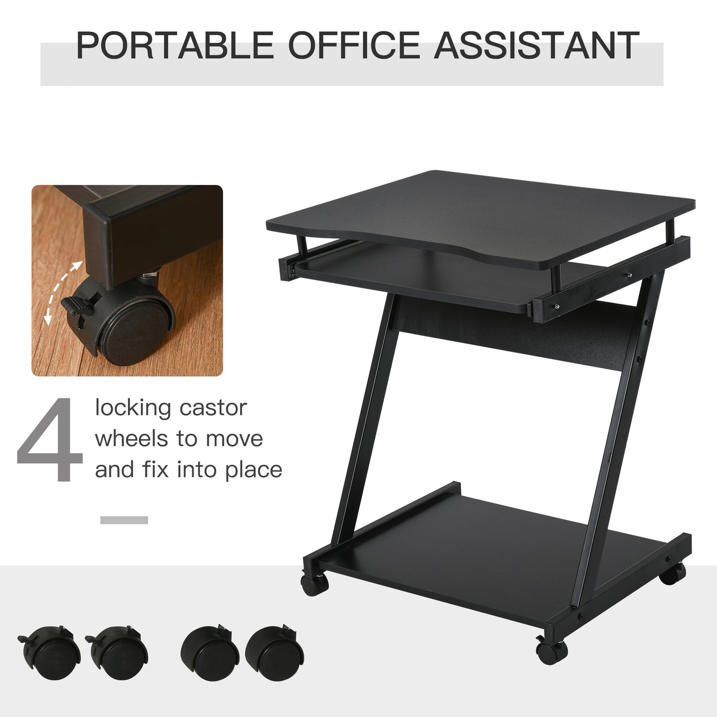 Kamo Wooden Black Mobile Desk With Castor Wheels And Sliding Keyboard Tray