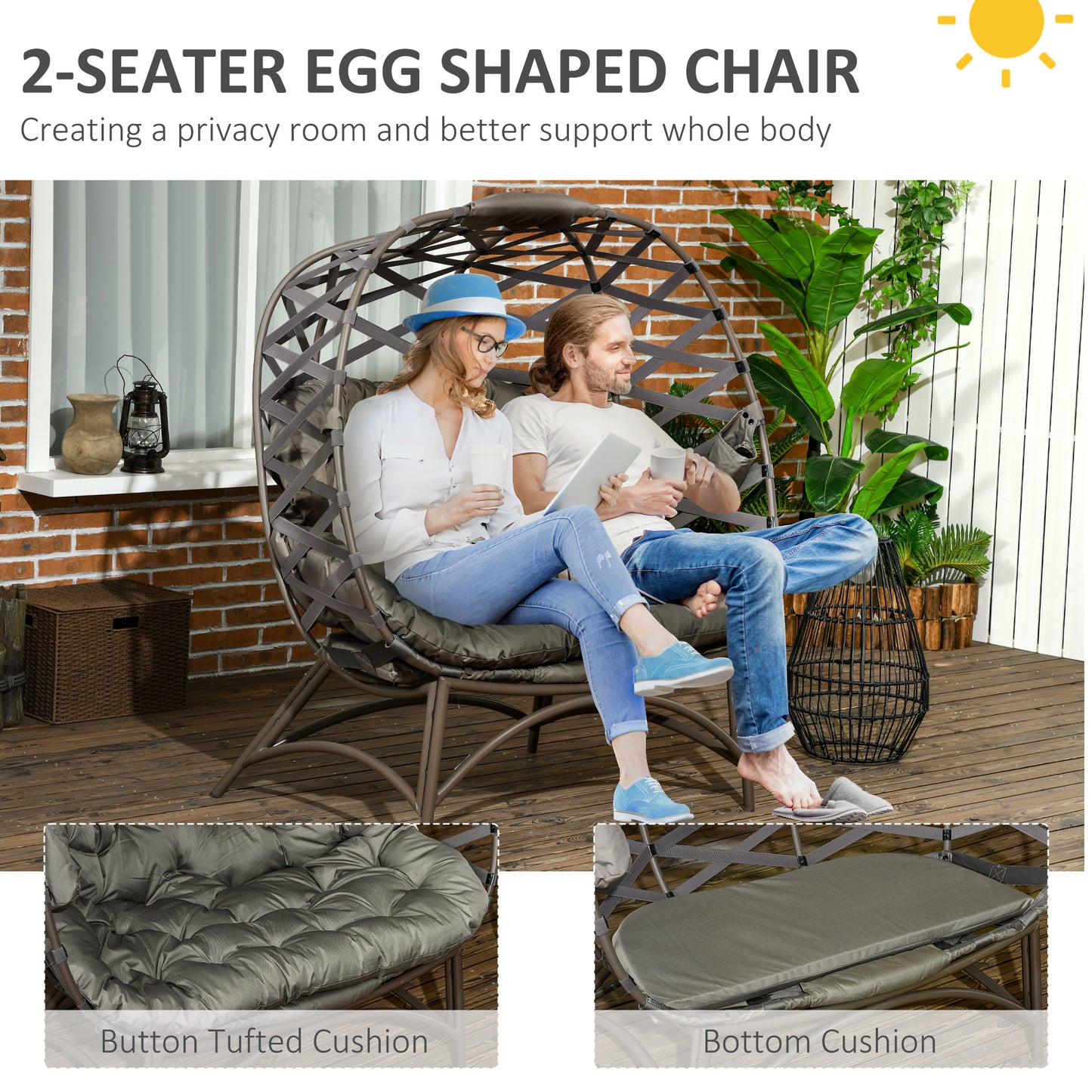 Stitzza Woven Rattan Sand Brown 2 Seater Folding Egg Chair With Cushions And Cup Holders