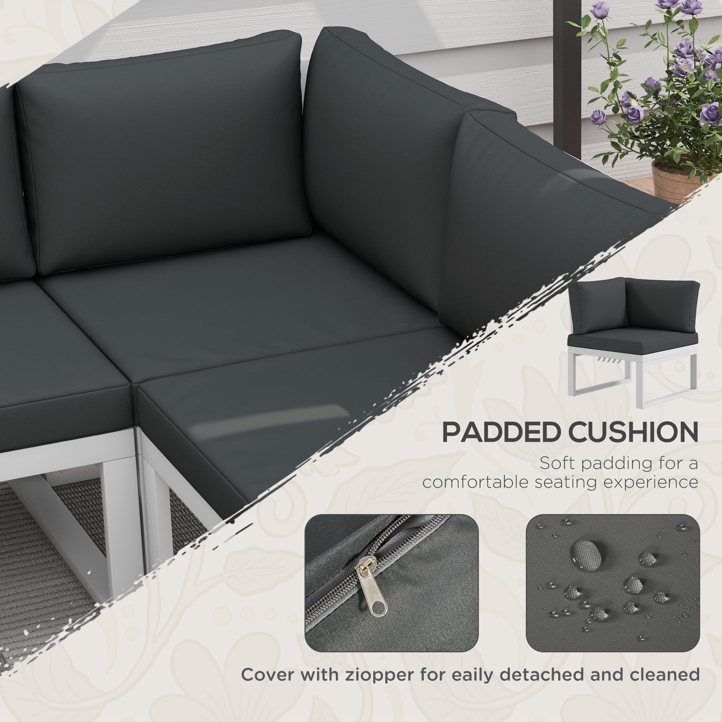 Vayo Metal White Frame 5 Seater Reclining Corner Garden Sofa Set With Wood Effect Table And Grey Cushions