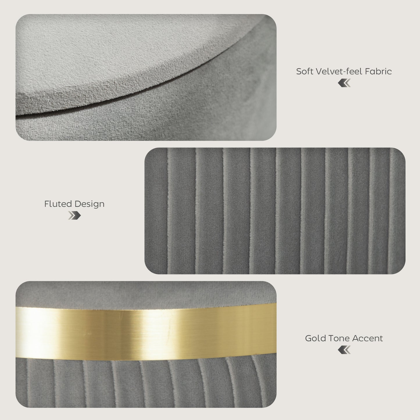 Rivera Velvet Light Grey Ribbed Storage Ottoman Gold Accent