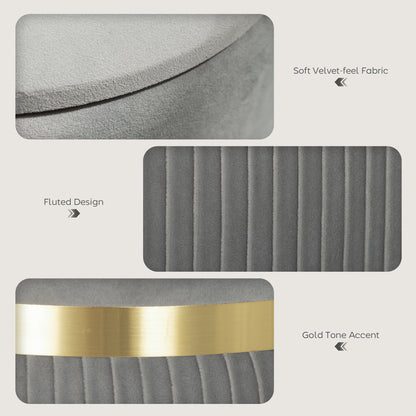Rivera Velvet Light Grey Ribbed Storage Ottoman Gold Accent