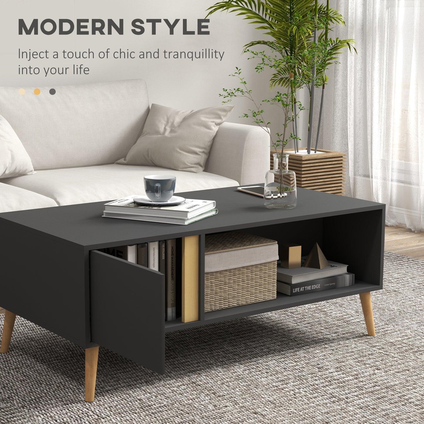 Panedi Wooden Grey Rectangular Coffee Table With Storage Compartments And Cabinets