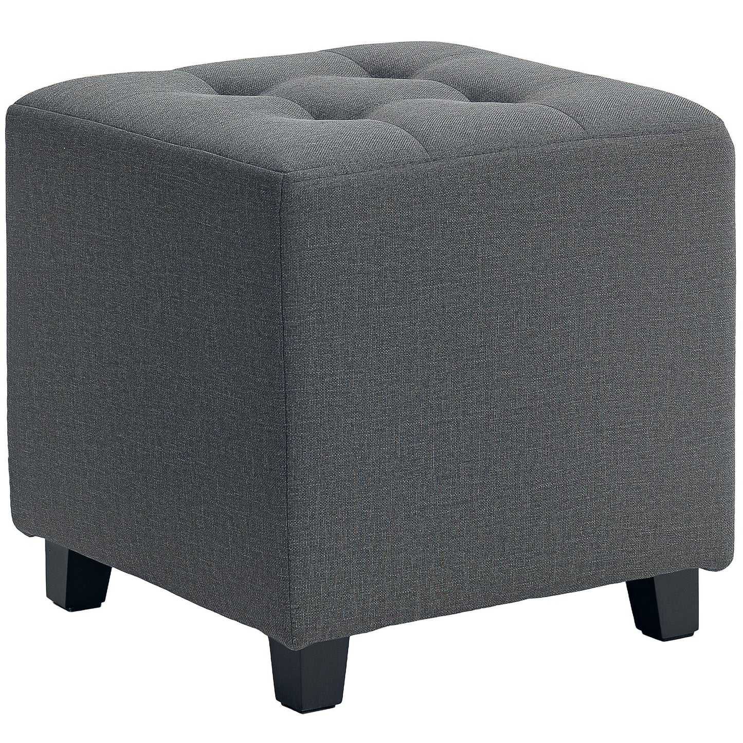 Linen Grey Compact Square Footstool With Side Pocket And Black Wooden Legs