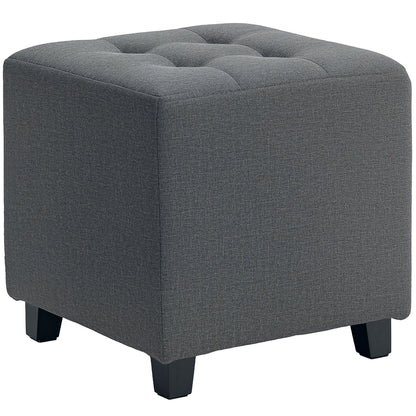 Linen Grey Compact Square Footstool With Side Pocket And Black Wooden Legs