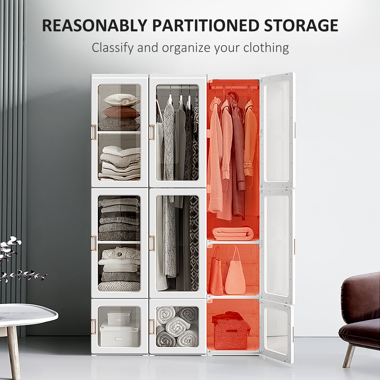 Belavani White Foldable Clothes Wardrobe With Cube Storage Hanging Rails And Magnetic Doors