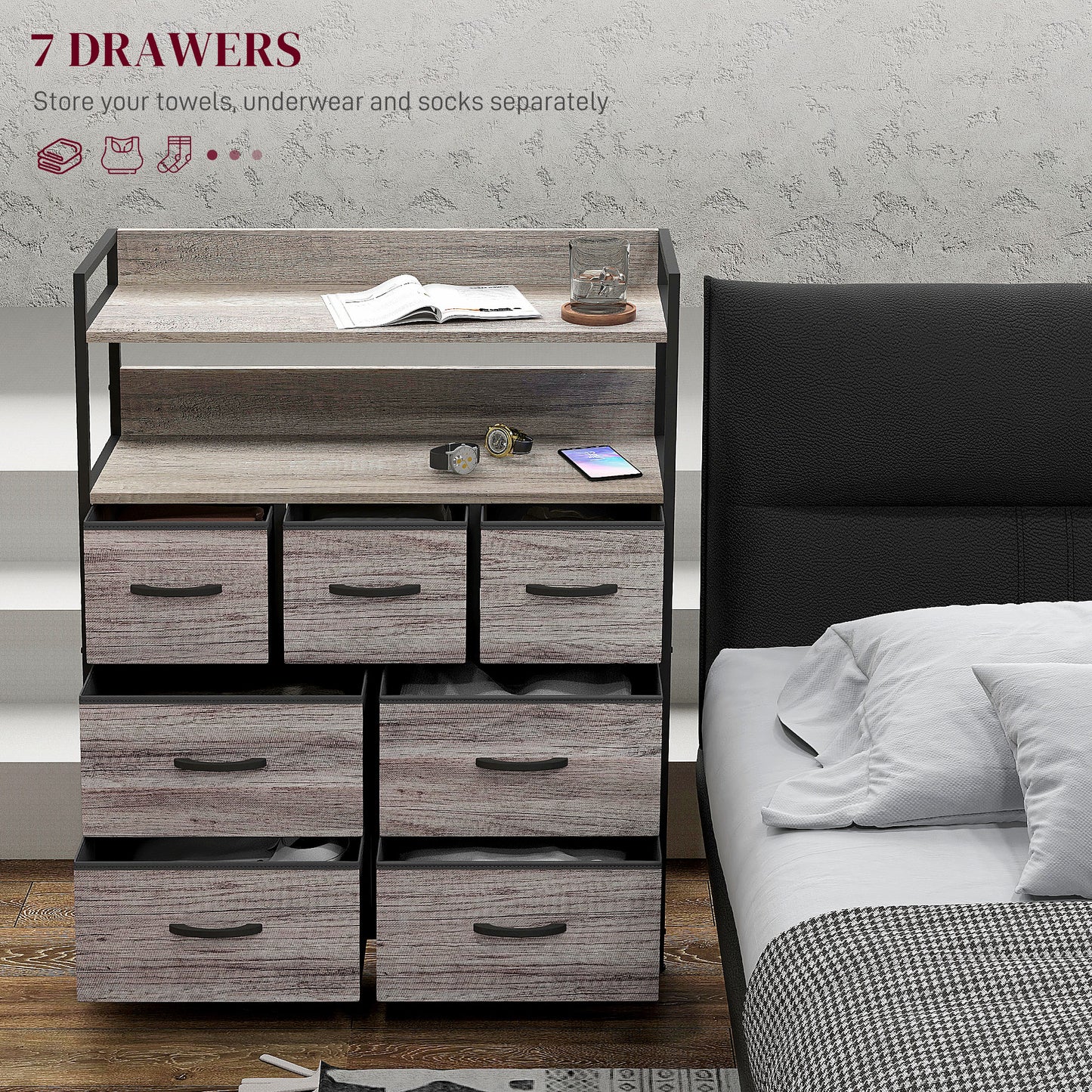Norale Fabric And Wood Grey Wood Effect 7 Drawer Rustic Storage Chest