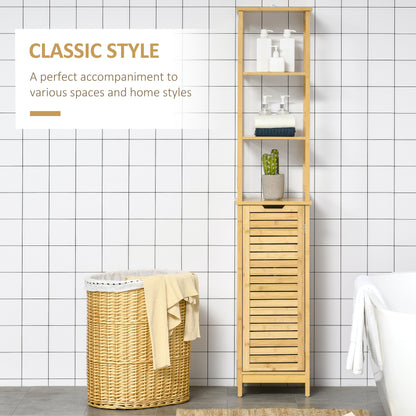 Rolema Tall Slim Bamboo Bathroom Storage Cabinet With 3 Tier Shelving Natural Finish