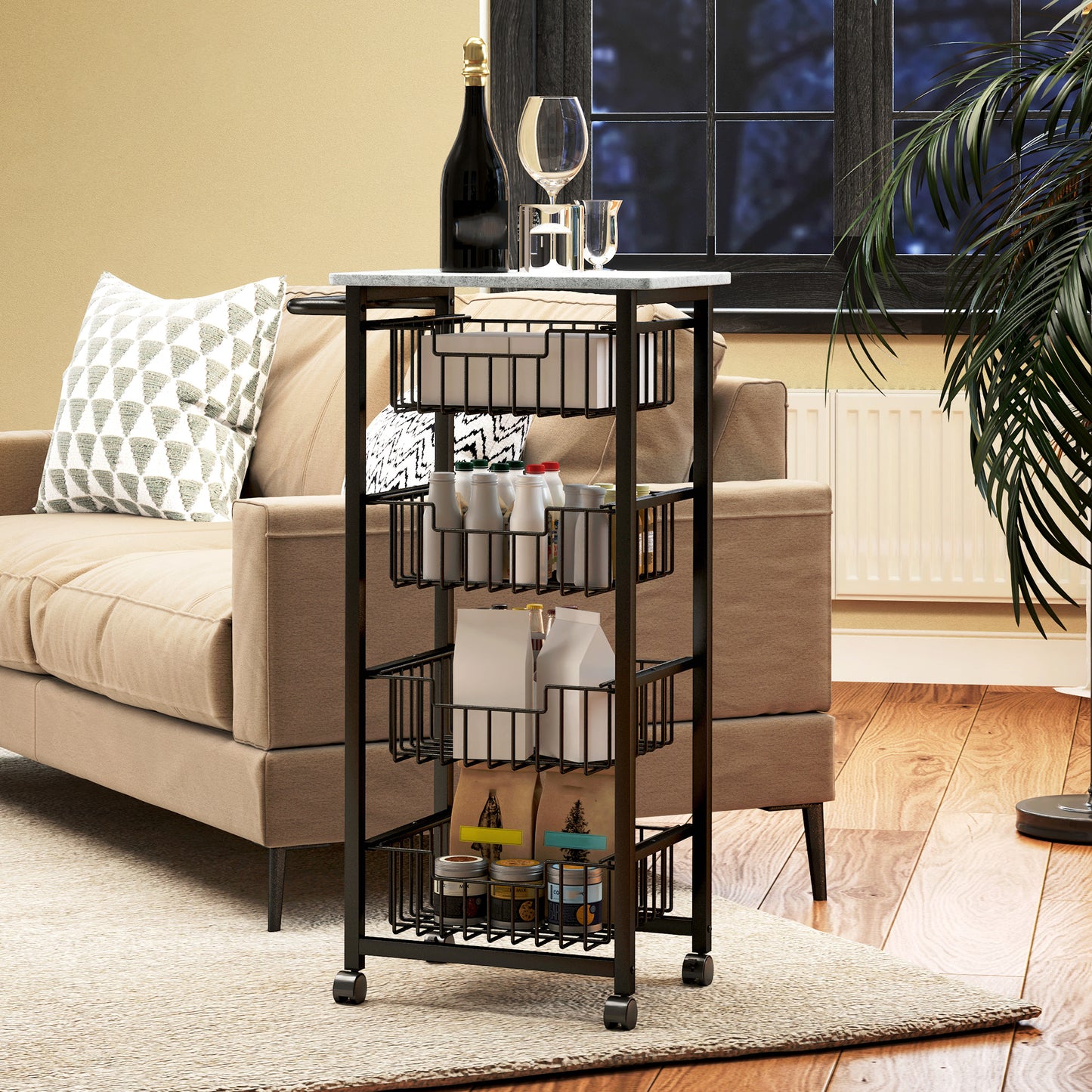 Fimado Metal Grey And Black 4 Basket Mobile Kitchen Trolley With Locking Wheels