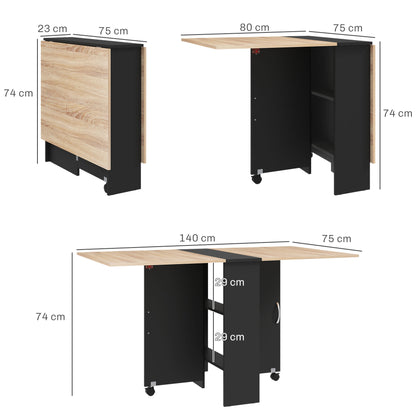 Toelka Wooden Oak And Black Ex10dable Drop Leaf Dining Table With Shelves And Castors