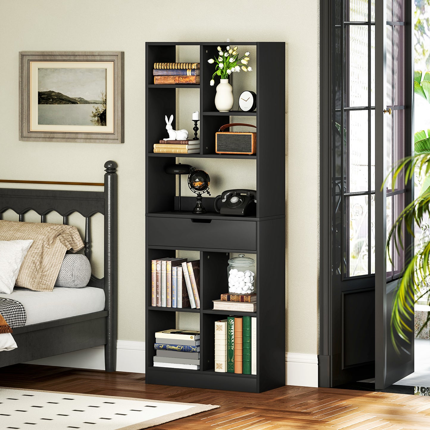 Farama Kedo Metal And Wood Black Tall Freestanding Bookcase With Drawer Storage
