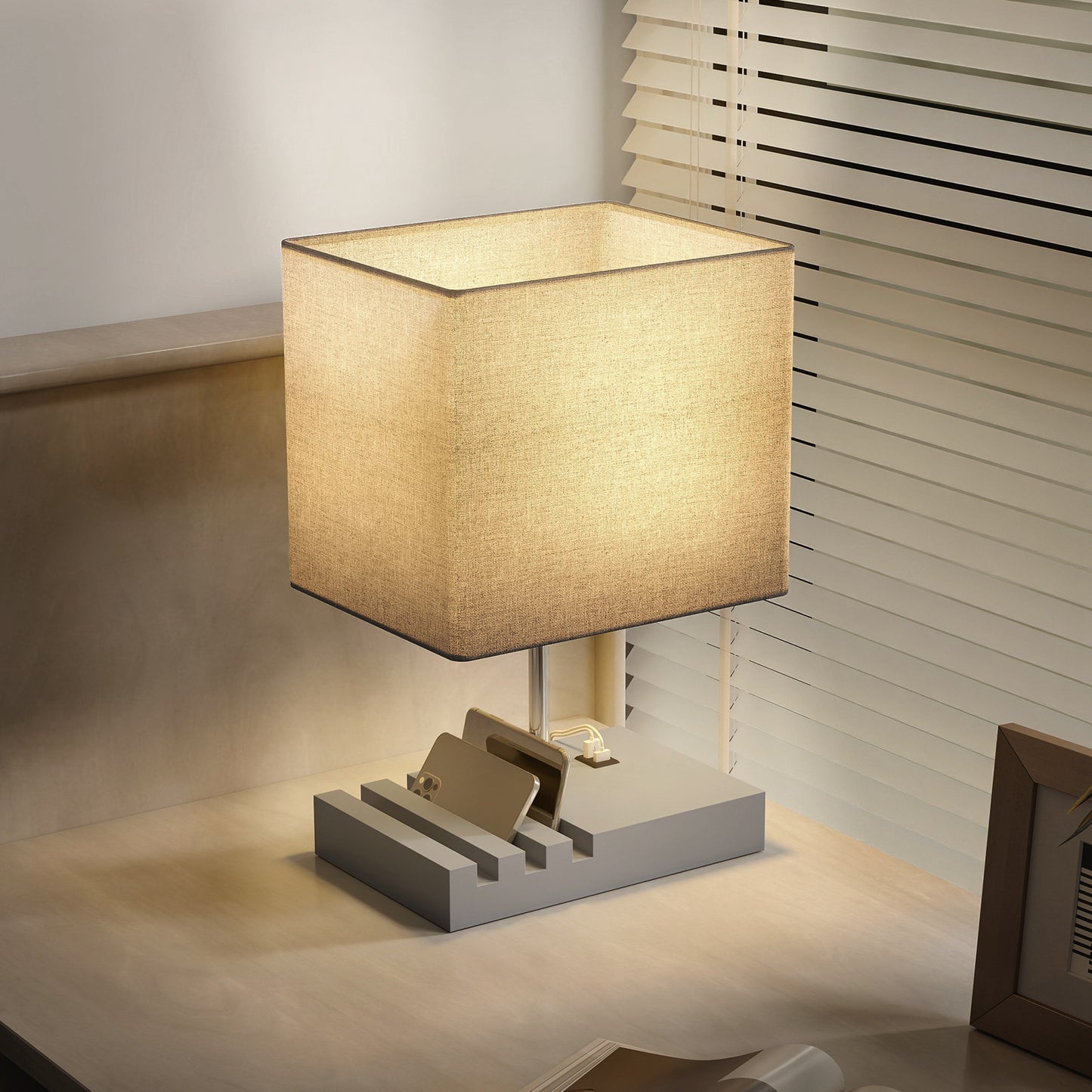 Kata Wood And Fabric Grey Bedside Table Lamp With USB Charging Ports Phone Stands And Fabric Shade