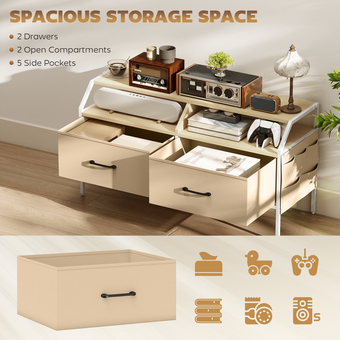 Avamira Small 98cm Natural and White TV Stand With Foldable Drawers for TV's up to 55 Inches