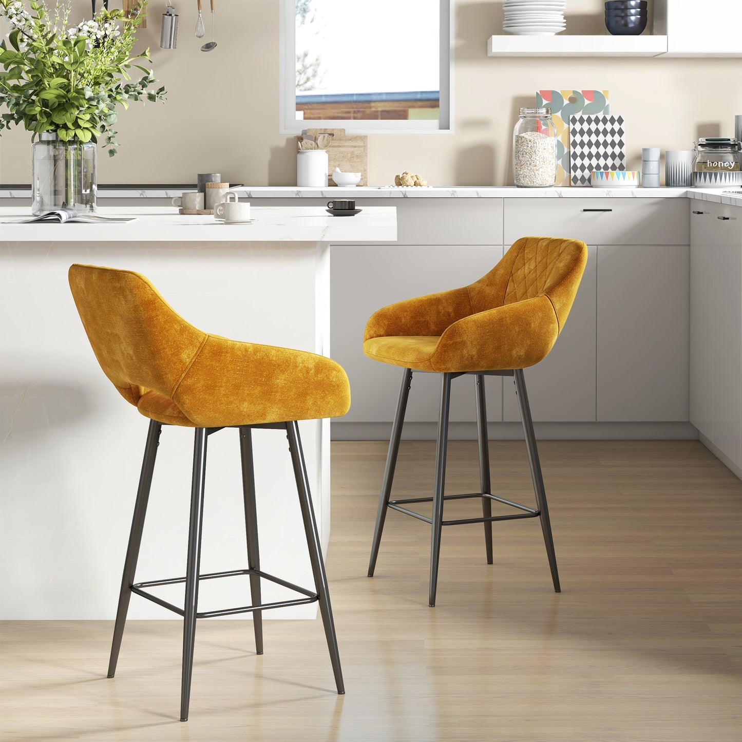 Fadole Velvet Gold Mustard Bar Stools Set Of 2 With Soft Touch Upholstery And Footrests